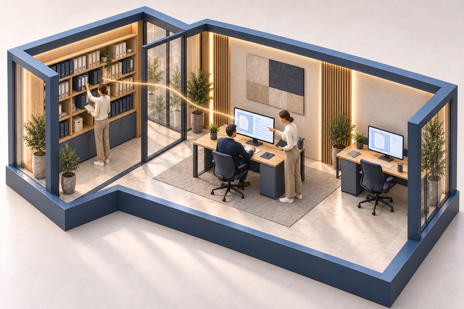 3D-Illustration eines Wissensarbeitsplatzes: Dokumente werden gemeinsam mit einem Suchergebnis geprüft.