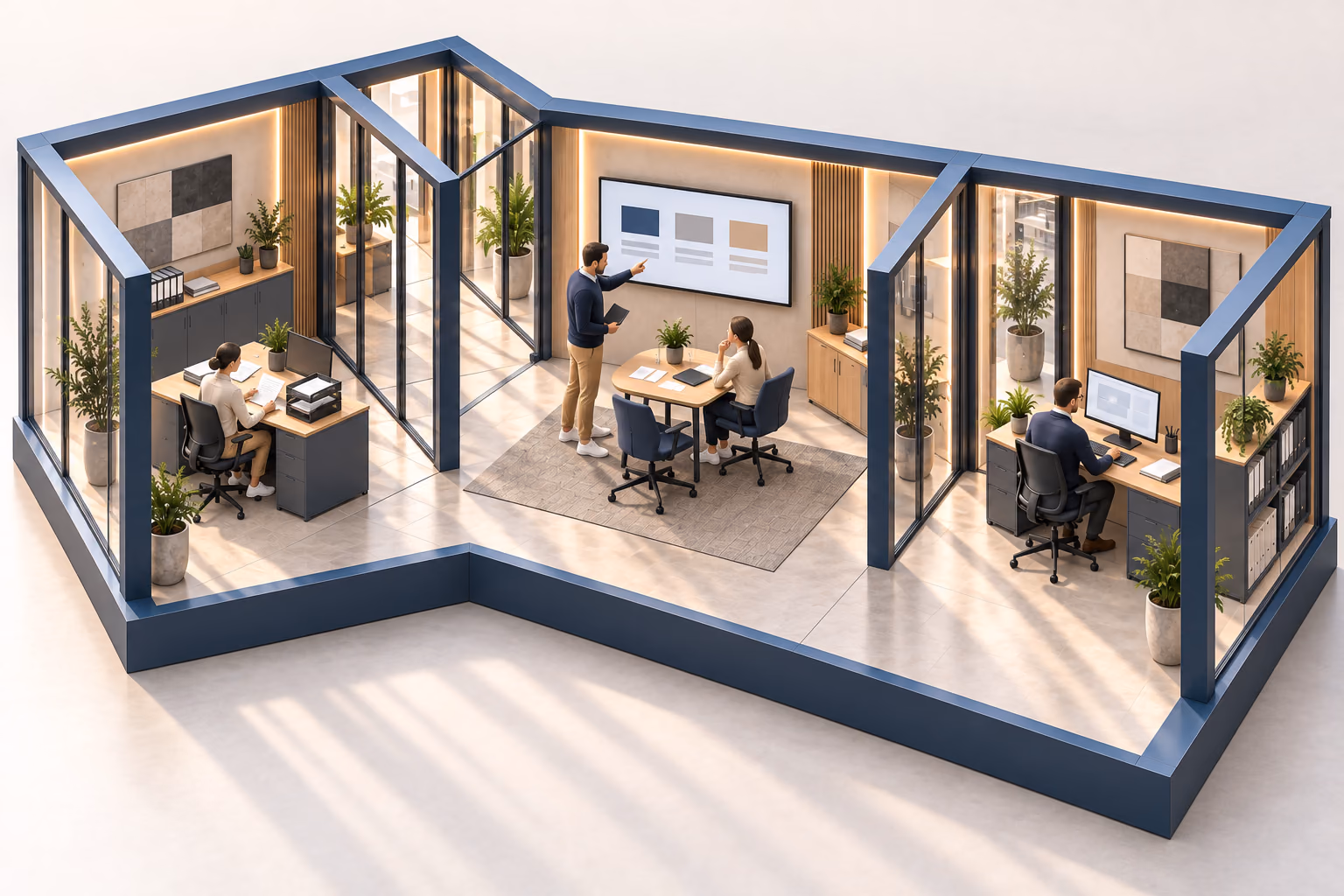 3D-Architekturillustration: Arbeitsplätze und eine gemeinsame Prozessbesprechung machen das Zusammenspiel der Abteilungen sichtbar.