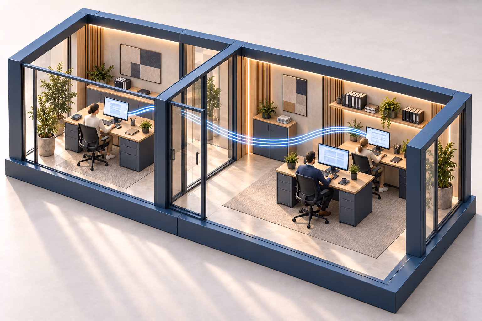 3D-Modell vernetzter Arbeitsplätze mit feinen Datenverbindungen zwischen den Computern.