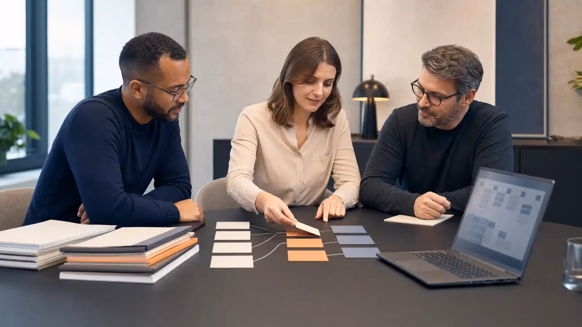 Symbolbild: Drei Menschen besprechen gemeinsam einen Ablauf und ordnen Karten auf einem Tisch.
